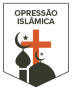 Logotipo com o texto "Opressão Islâmica" acompanhado de uma cruz vermelha ao centro e duas silhuetas de mesquitas em preto com luas crescentes e estrelas.