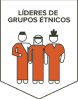 Brasão com a ilustração de três figuras humanas vestindo trajes tradicionais distintos, representando diversidade cultural, com o texto "Líderes de Grupos Étnicos" na parte superior.