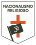 Logotipo com o texto "Nacionalismo Religioso" no topo, contendo uma cruz vermelha ao centro e uma bandeira preta com o símbolo "Om" em branco.