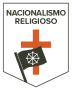 Logotipo em formato de escudo com o texto "Nacionalismo Religioso" no topo. Ao centro, há uma cruz vermelha e, à frente dela, uma bandeira preta com um símbolo branco representando a roda do Dharma, associada ao budismo.