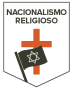 Logotipo em formato de escudo com o texto "Nacionalismo Religioso" no topo. Ao centro, há uma cruz vermelha e, sobreposta a ela, uma bandeira preta com a Estrela de Davi branca, símbolo associado ao judaísmo.