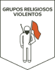 Brasão com a ilustração de uma figura humana segurando uma arma e uma bandeira vermelha, representando militância, com o texto "Grupos Religiosos Violentos" na parte superior.