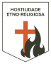Logo em formato de escudo com uma cruz vermelha e uma chama cinza, com o texto "Hostilidade etno-religiosa" na parte superior.