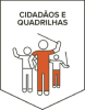 Emblema representando figuras humanas estilizada em laranja, segurando barras de ferro, acompanhado do texto ‘Cidadãos e quadrilhas’, sobre um fundo branco.
