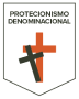 Escudo preto com cruz laranja e crucifixo cinza, texto 'Protecionismo denominacional' acima.