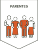 Ícone com quatro pessoas estilizadas representando uma família, onde duas pessoas são homens e duas são mulheres, todos com roupas em tons de laranja, com a palavra 'PARENTES' acima delas.