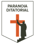 Brasão com uma cruz vermelha central e a silhueta de uma figura humana erguendo o braço em frente à cruz, com o texto "Paranóia Ditatorial" na parte superior.